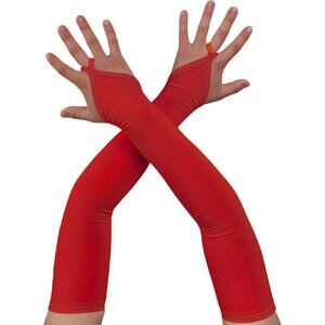 Women's Red Finger Loop Fingerless Satin Long Gloves Halloween Party Costume